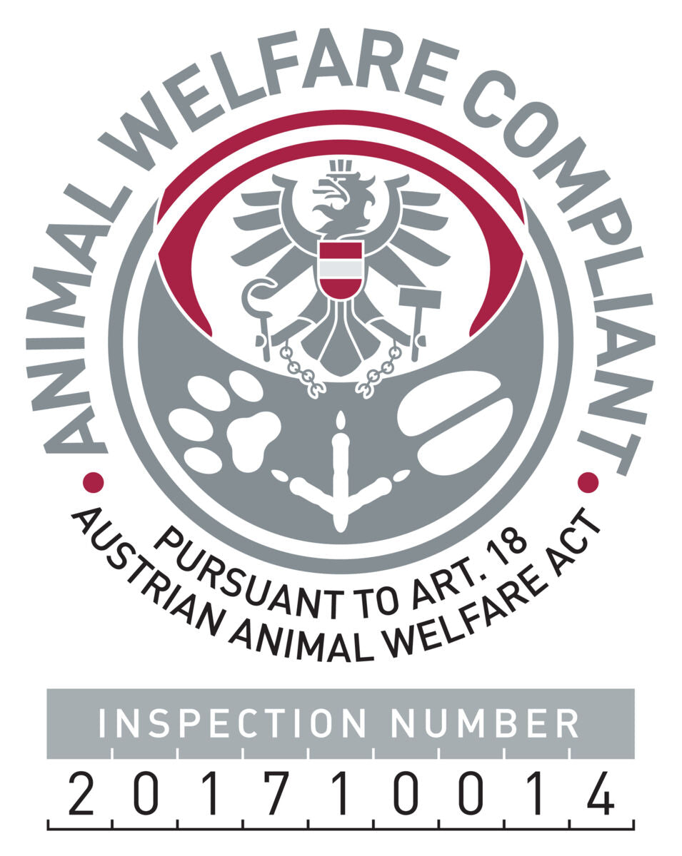Siegel mit österreichischem Wappen und Text "ANIMAL WELFARE COMPLIANT" sowie "INSPECTION NUMBER 201710014".