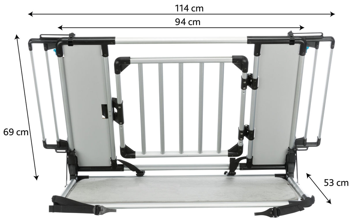 Metallrahmen mit den Maßen 114 cm in der Breite, 94 cm Höhe und 53 cm Tiefe, versehen mit schwarzen Verbindungsstücken.