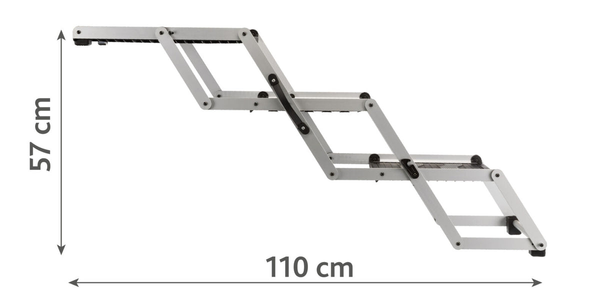 Metallische Teleskopleiter mit 57 cm Höhe und 110 cm Länge, bestehend aus mehreren Scharniersegmenten.