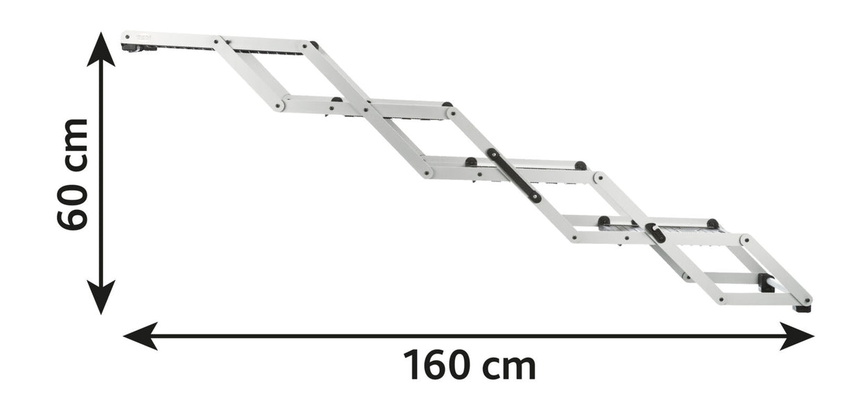 Eine weiße, ausziehbare Treppe in Zickzackform mit schwarzen Details, 60 cm hoch und 160 cm lang.