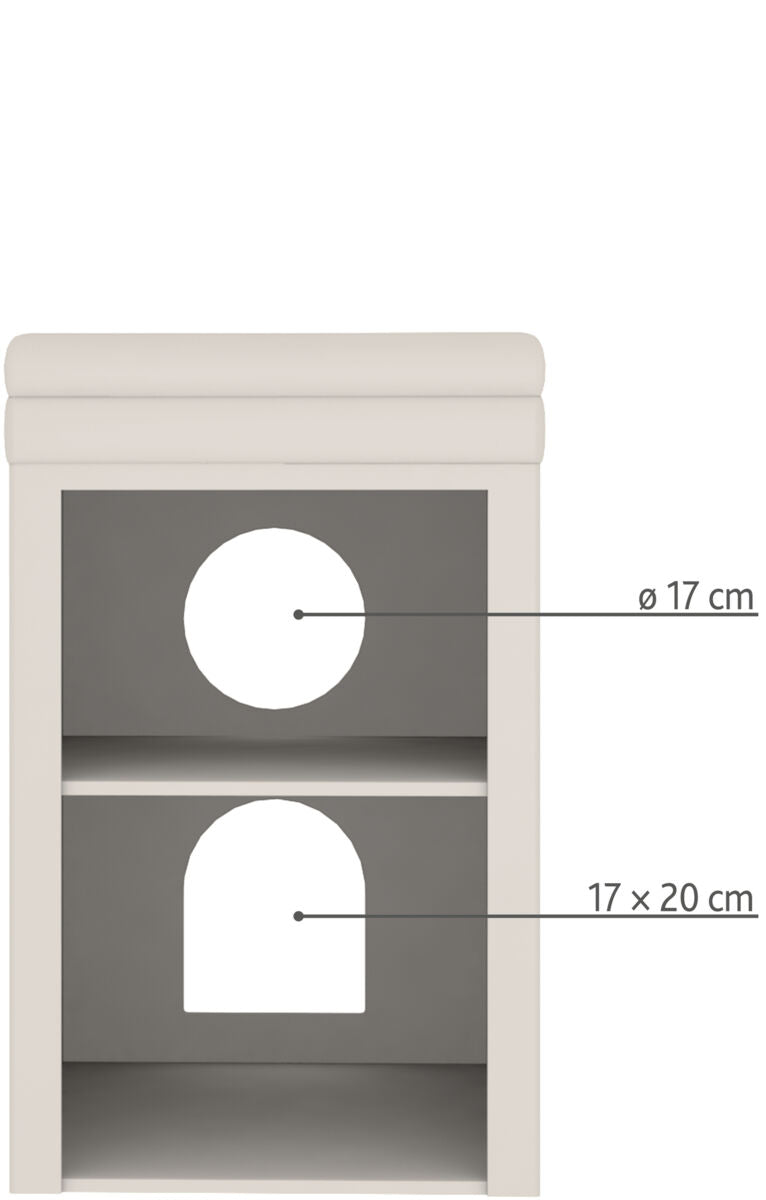 Ein weißer zweistöckiger Schrank mit runden und rechteckigen Öffnungen, Maße: ø 17 cm und 17 x 20 cm.