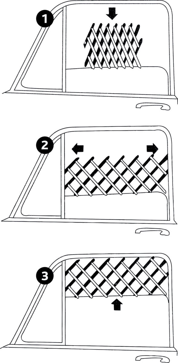 Drei Illustrationen zeigen die Anpassung eines Netzes innerhalb eines Fensterrahmens mit Pfeilen für die Bewegungsrichtung.