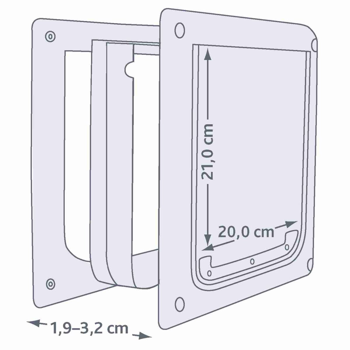 Abbildung einer rechteckigen Klappe mit den Maßen 21,0 cm Höhe, 20,0 cm Breite und variabler Tiefe von 1,9 bis 3,2 cm.