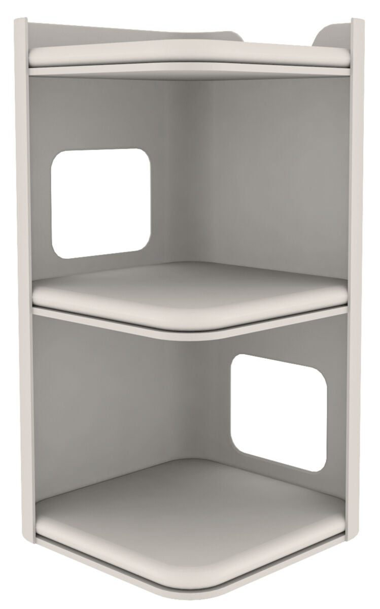 Graues Eckregal mit zwei Ebenen, jede mit quadratischen Ausschnitten an den Seiten, schlichtes Design.