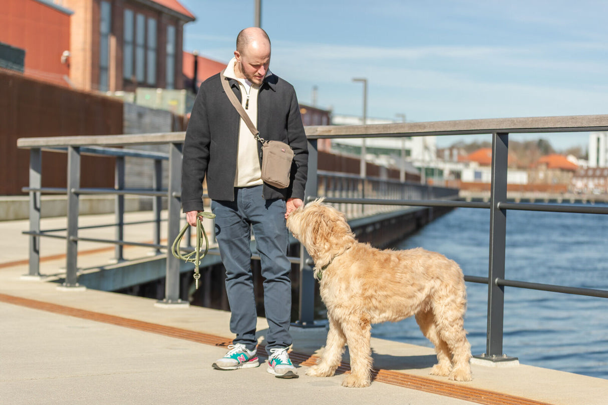 Ein Mann mit Hund steht auf einem Gehweg an der Wasserfront unter blauem Himmel.