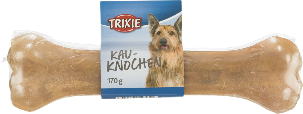 Kauknochen in transparenter Verpackung mit blauem Etikett, darauf Logo und Bild eines Hundes, 170 g.
