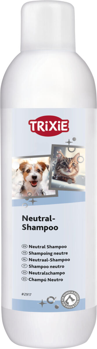 Weiße Flasche mit Trixie-Logo und Bildern von Hund und Katze, Text "Neutral-Shampoo" in mehreren Sprachen.