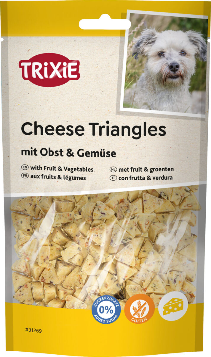 Verpackung von Trixie Käse-Dreiecken mit Obst und Gemüse, Hundebild, glutenfrei, kein Zuckerzusatz.