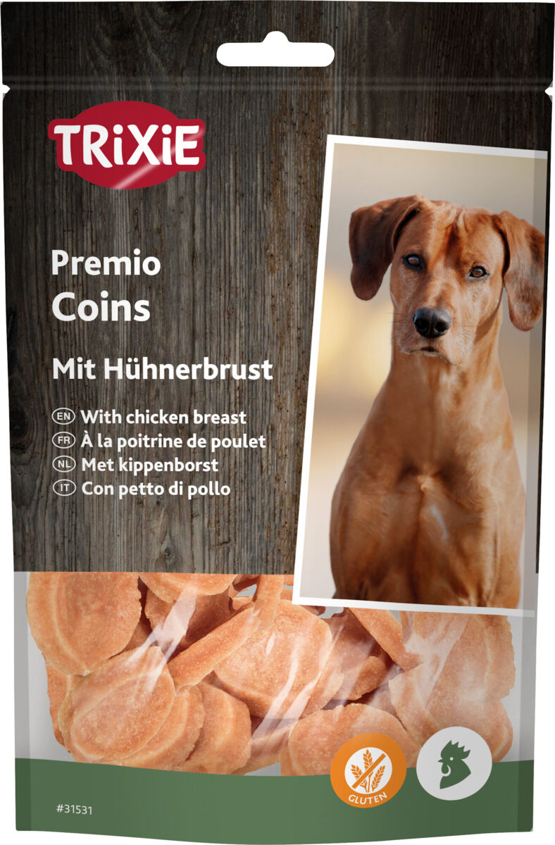 Verpackung von Trixie Premio Coins mit Hühnerbrust, zeigt Hund und orangefarbene runde Leckerli im Inneren.