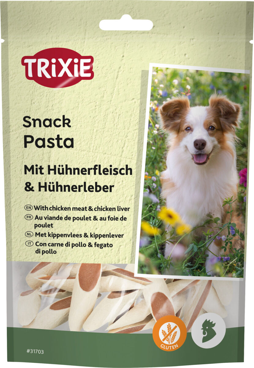 Hundesnack-Verpackung mit "TRIXIE" Logo, enthält Pasta mit Hühnerfleisch und Hühnerleber; Bild eines Hundes.