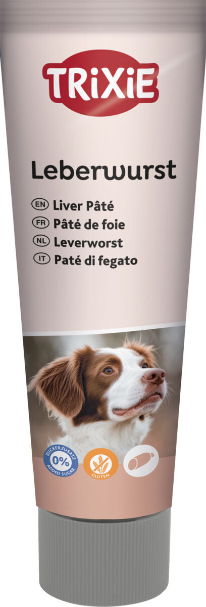 Eine hellbraune Tube mit grauem Deckel zeigt die Aufschrift "TRIXIE Leberwurst" und ein Bild eines Hundes.
