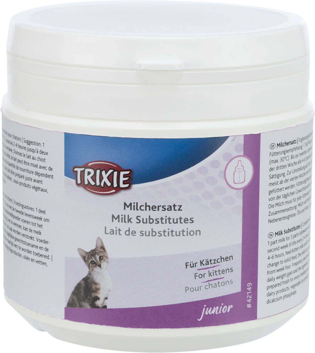 Weiße Plastikverpackung mit lila und blauem Etikett, Aufschrift "Milchersatz für Kätzchen" und Katzenbild.