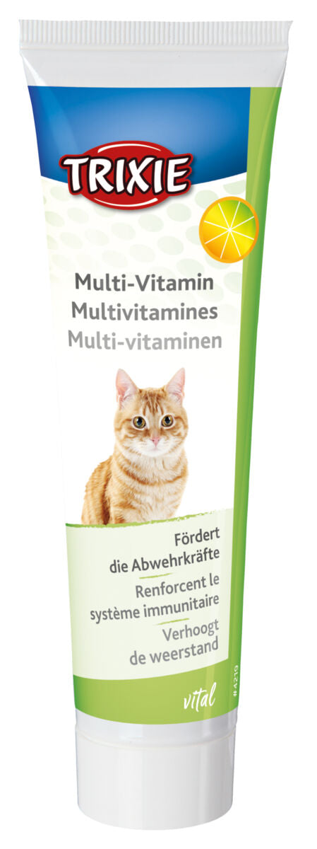 Eine Tube mit dem Namen "TRIXIE", bedruckt mit einem Katzenbild, dem Wort "Multi-Vitamin" und Text in mehreren Sprachen.