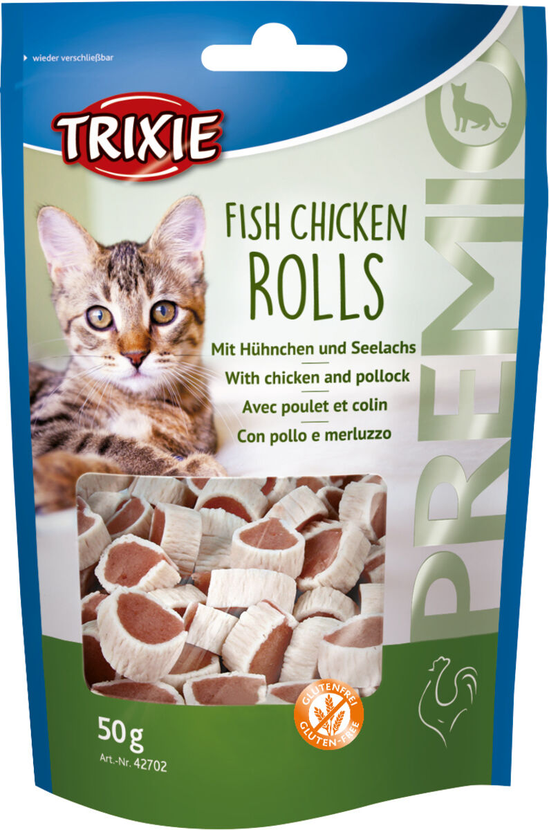 Katzensnacks im Beutel mit der Aufschrift „Fish Chicken Rolls“ und einem Katzenmotiv, 50g, glutenfrei.