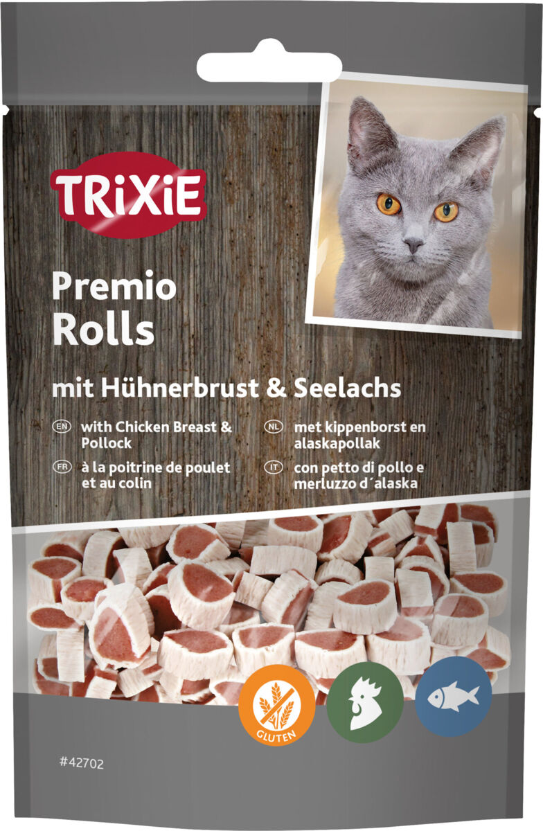Tütchen mit der Aufschrift "TRIXIE Premio Rolls mit Hühnerbrust & Seelachs", darauf Bild einer grauen Katze.