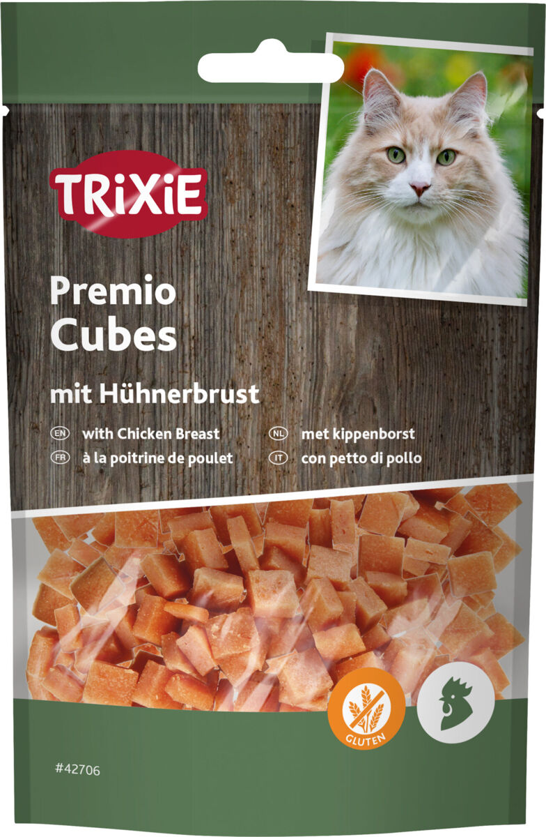 Tüte mit Würfeln der Marke TRIXIE, Premio Cubes mit Hühnerbrust, Abbildung einer Katze oben rechts, glutenfrei Symbol sichtbar.