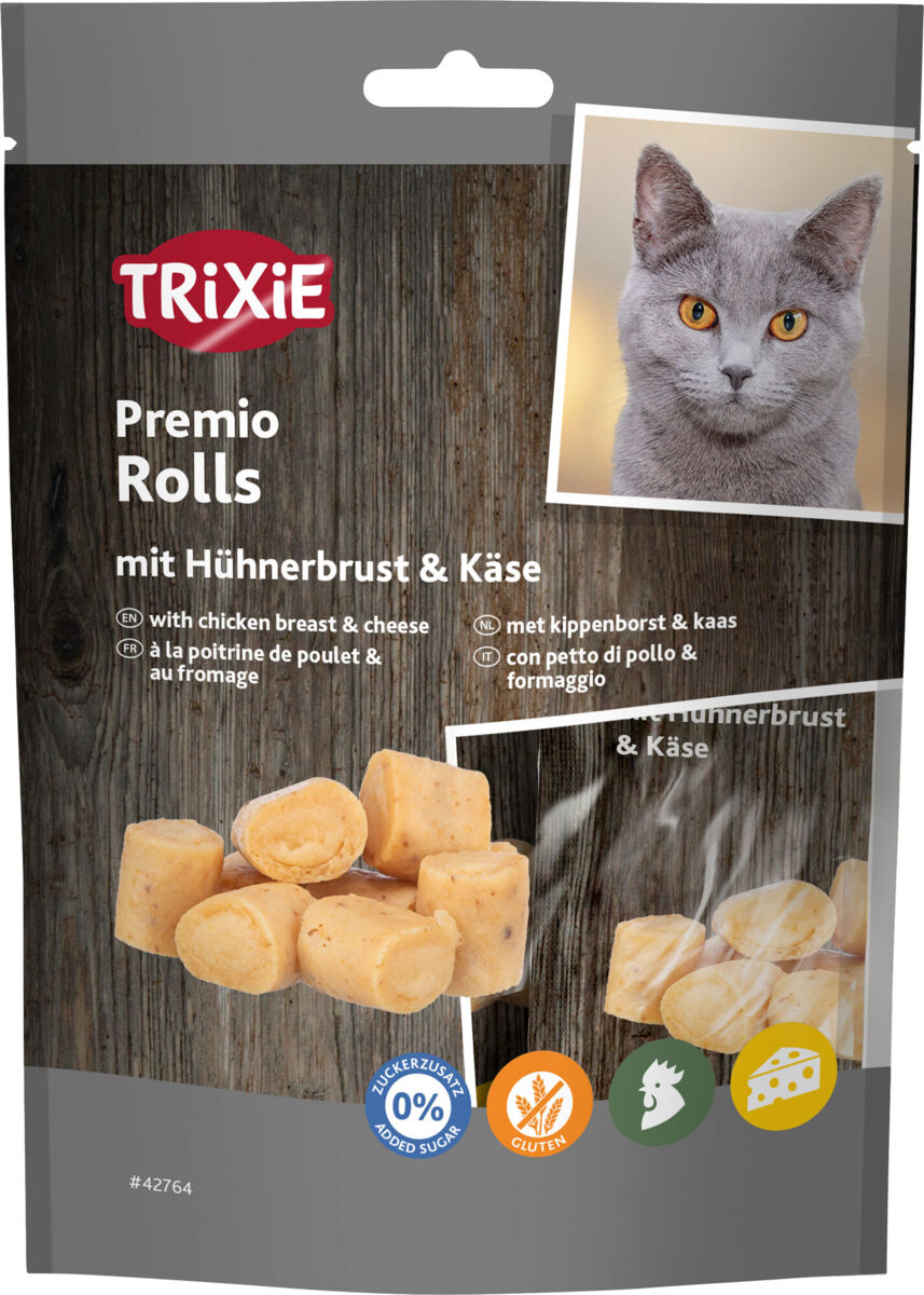 Katzenleckerlis mit Hühnerbrust und Käse von Trixie, verpackt, enthalten glutenfrei, ohne Zuckerzusatz.