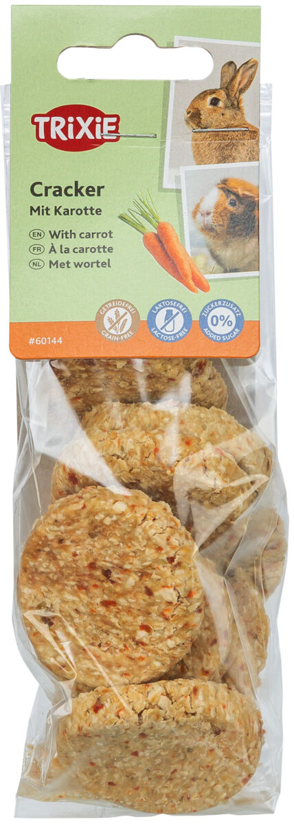 Verpackung mit Cracker-Snacks für Kaninchen, mit Karotten, getreidefrei, laktosefrei, ohne Zuckerzusatz.