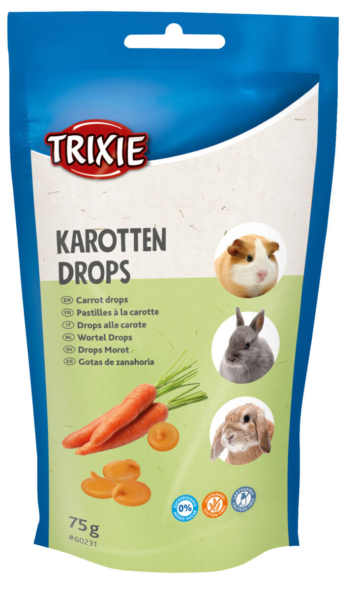 Tüte mit blauer Oberseite, Aufschrift "Karotten Drops", Fotos von Kleintieren und Karotten, 75 g, zuckerfrei.