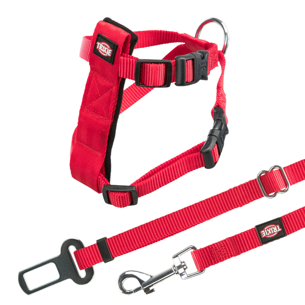 Rotes Hundegeschirr mit verstellbaren Gurten und Klickverschlüssen, inklusive Sicherheitsgurt für das Auto.