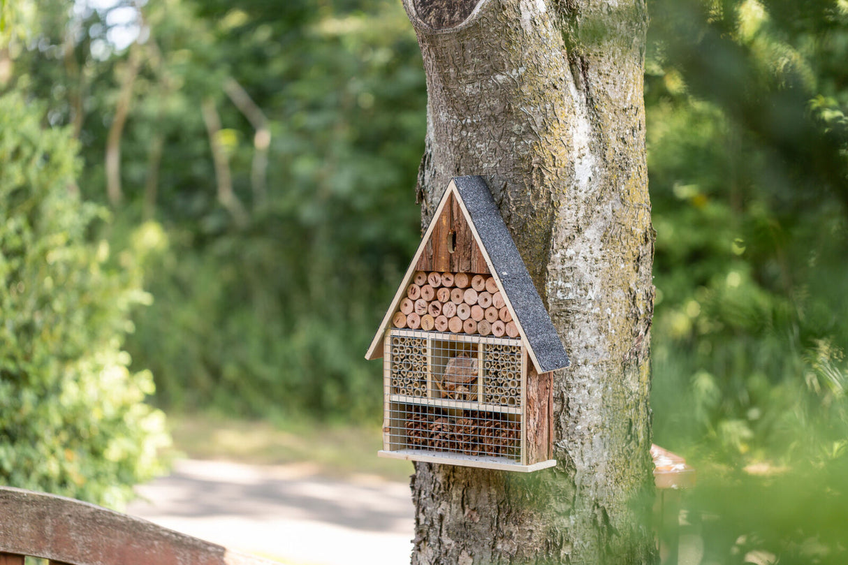 Ein Insektenhotel aus Holz mit verschiedenen Füllungen hängt an einem Baum vor unscharfem Hintergrund.