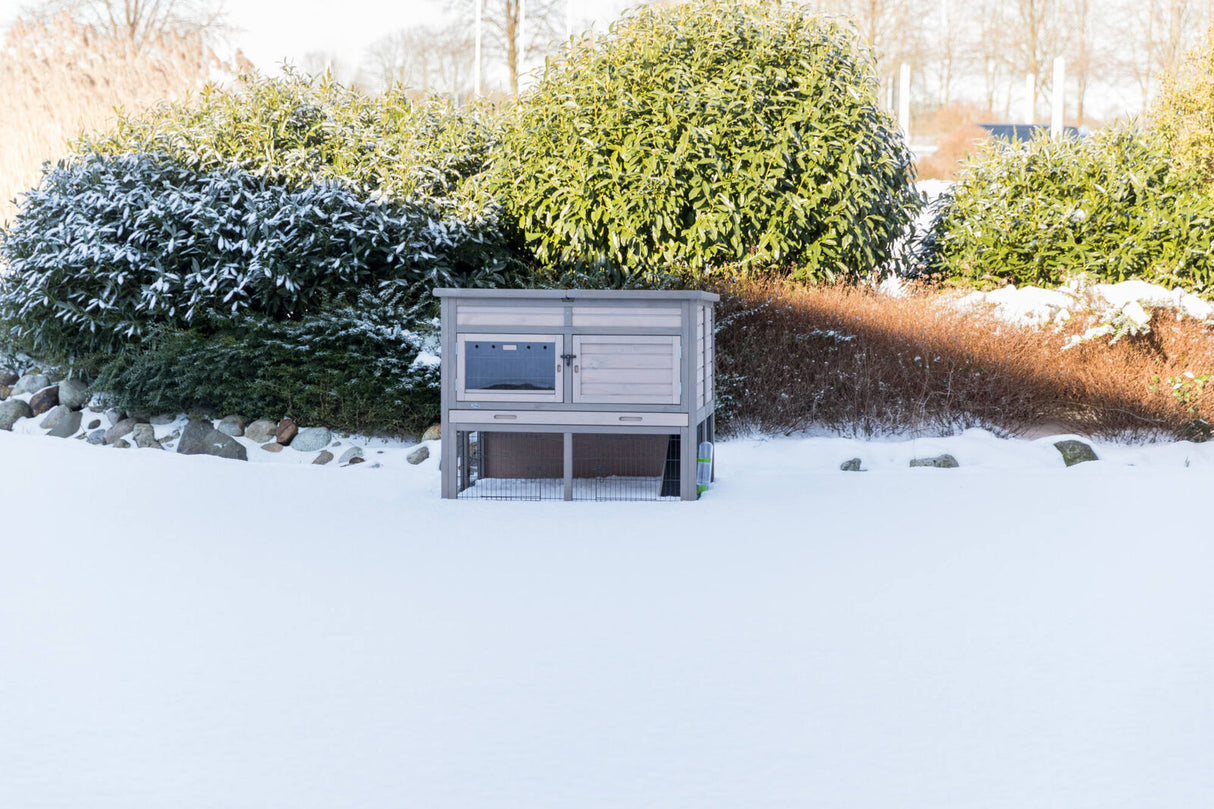 Holzstallschrank im Schnee vor grünen Büschen, bei klarem Wetter, umgeben von Steinen.