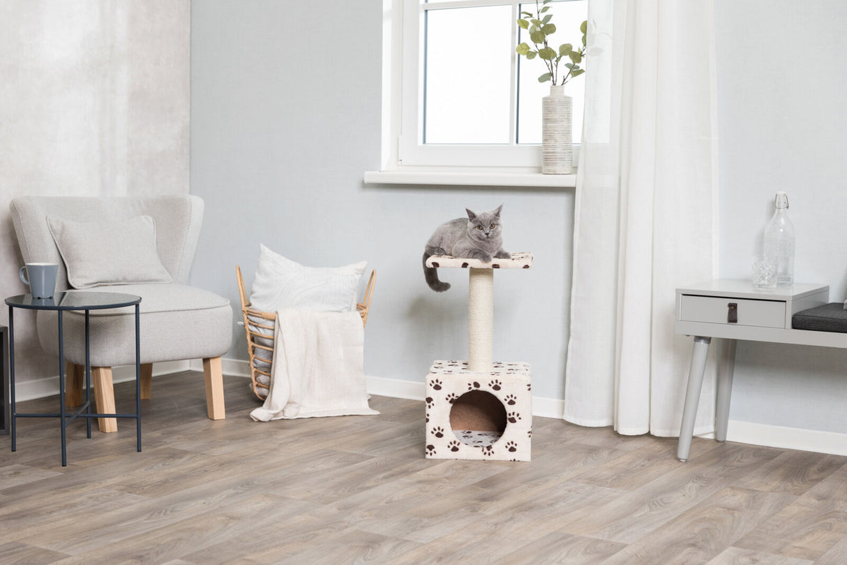Graue Katze liegt auf Kratzbaum mit Pfotenmuster in hellem, modernem Wohnzimmer, neben Stuhl und Beistelltisch.