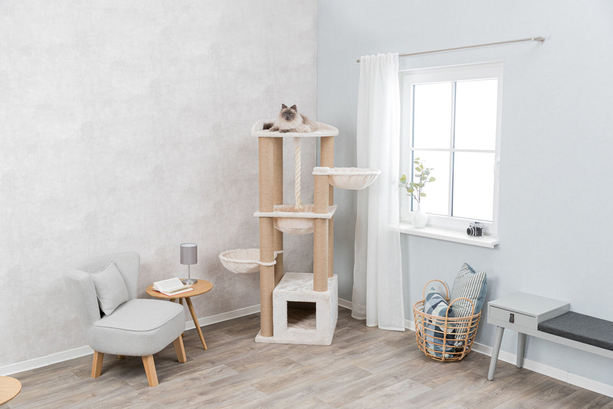 Ein Katzenbaum aus hellem Material steht in einem Zimmer, auf der oberen Plattform liegt eine Katze.
