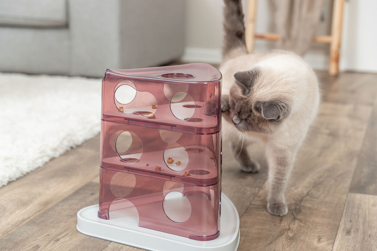 Eine beige Katze untersucht einen lila Futterturm mit mehreren Etagen und runden Löchern auf einem Holzboden.