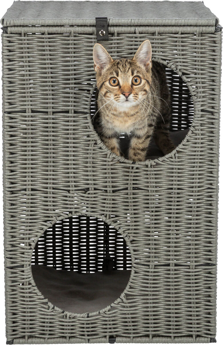 Getigerte Katze schaut aus grauer geflochtener Höhle mit runden Öffnungen heraus.