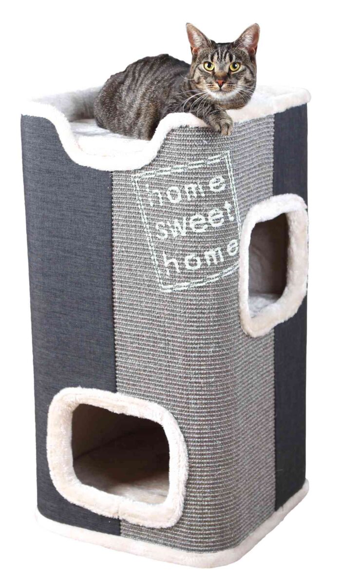 Graue, zweistöckige Katzenhöhle mit Schriftzug "home sweet home" und einer getigerten Katze obenauf.