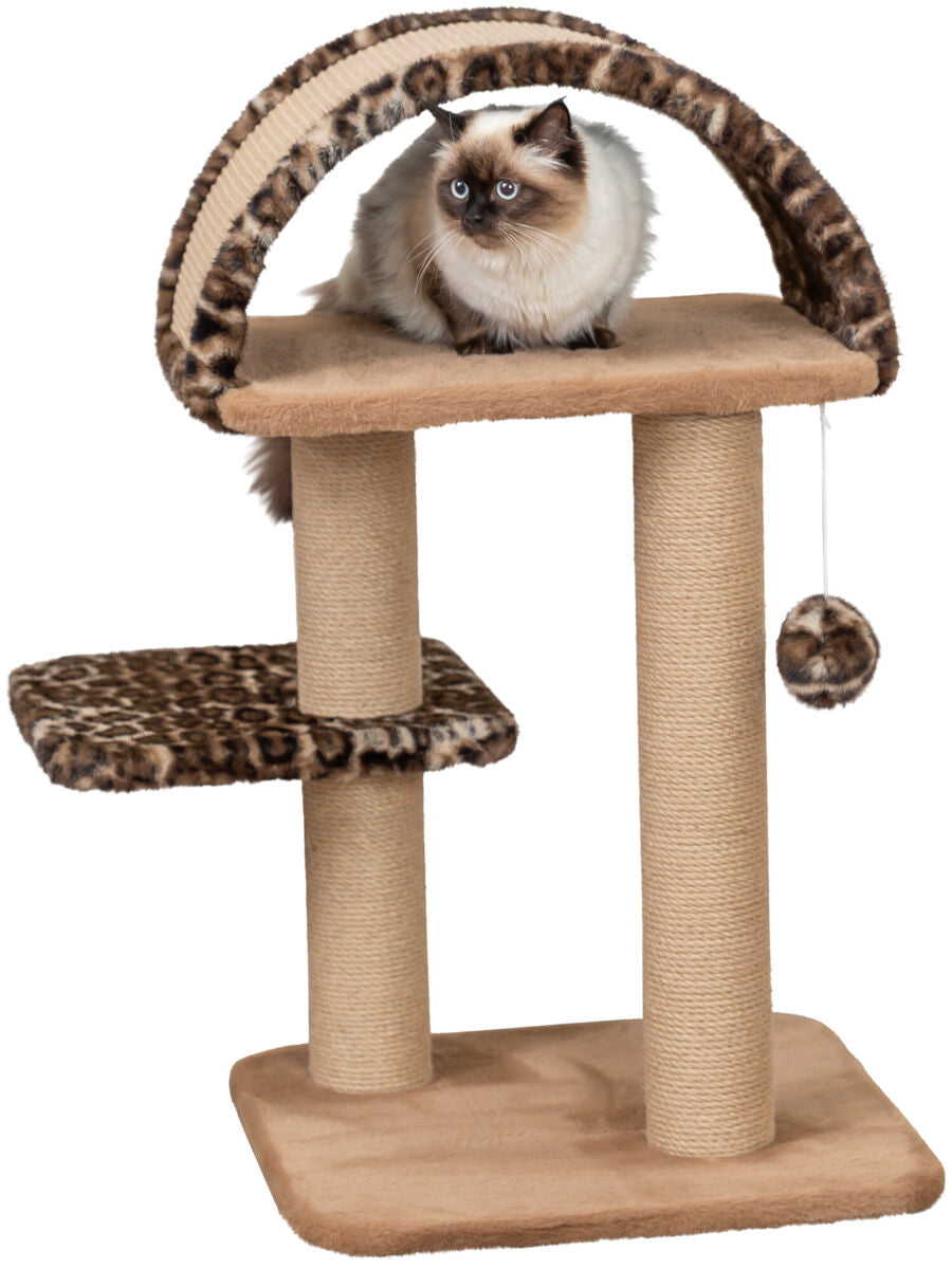 Brauner Kratzbaum mit zwei Plattformen und einer sitzenden Katze, obere Plattform mit gebogenem, gepolstertem Rand.