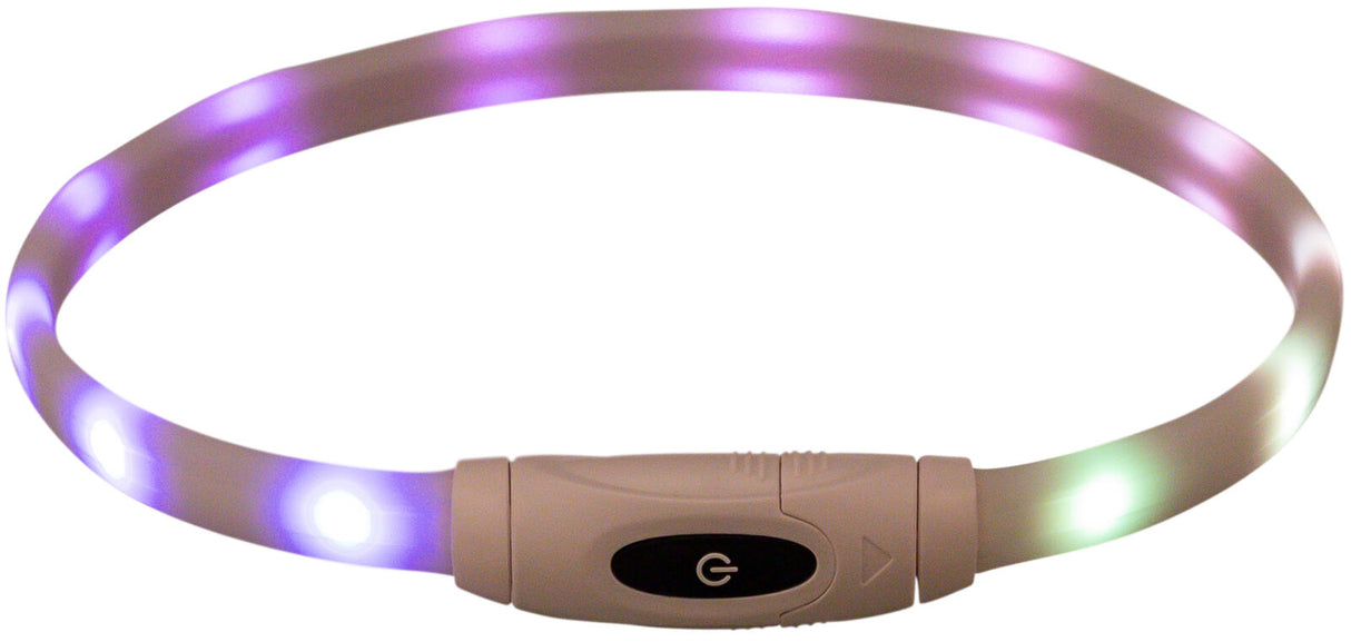 Leuchtendes Band in Ringform mit violetten und weißen Lichtern, versehen mit einem schwarzen Ein- und Ausschalter.