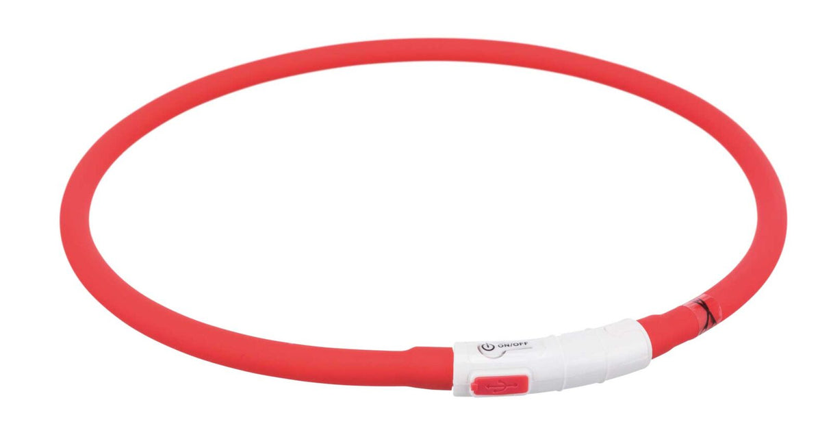 Roter Ring mit weißem Verschluss, der einen An-/Aus-Schalter und eine USB-Buchse enthält.