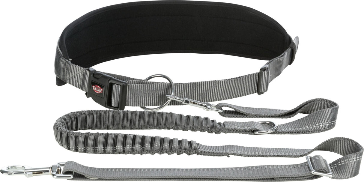 Graues, verstellbares Hundegeschirr mit gepolstertem Bauchgurt und flexibler Leine, Metallkarabiner und D-Ring.