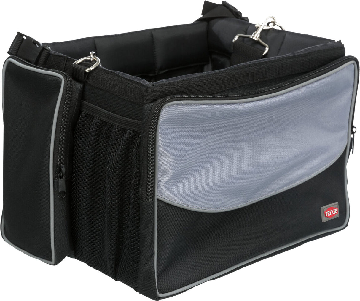 Schwarzer und grauer Transportbehälter mit Reißverschlüssen und Netztasche, Metallhaken an der Oberseite.