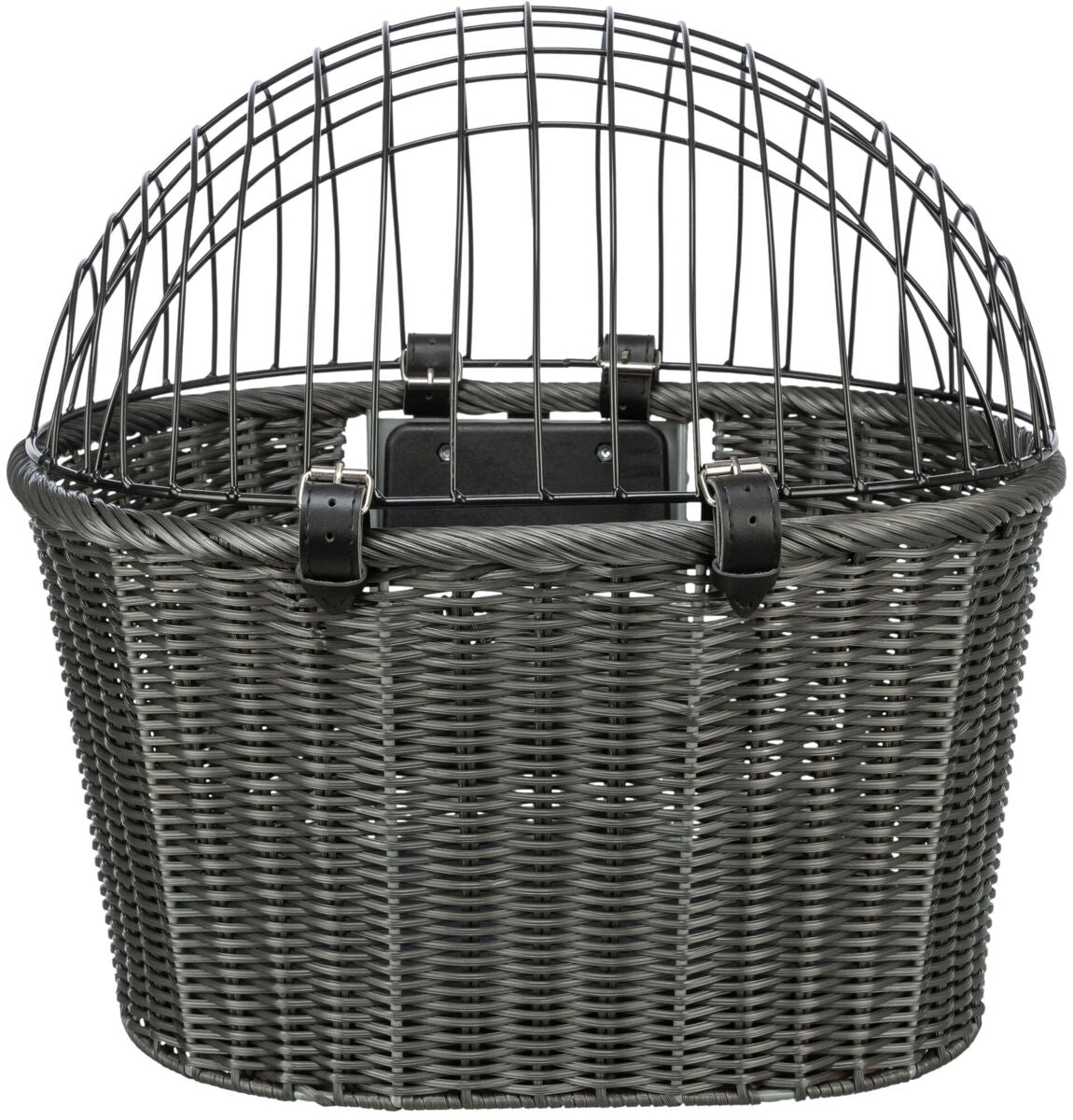 Grauer Korb mit einem abnehmbaren Metallgitter und schwarzen Lederriemen, geeignet als Fahrradkorb.