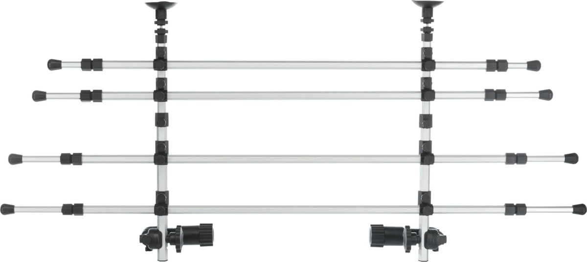 Metallisches Gitter mit vier horizontalen Streben und seitlichen schwarzen Befestigungen, ausziehbar und verstellbar.