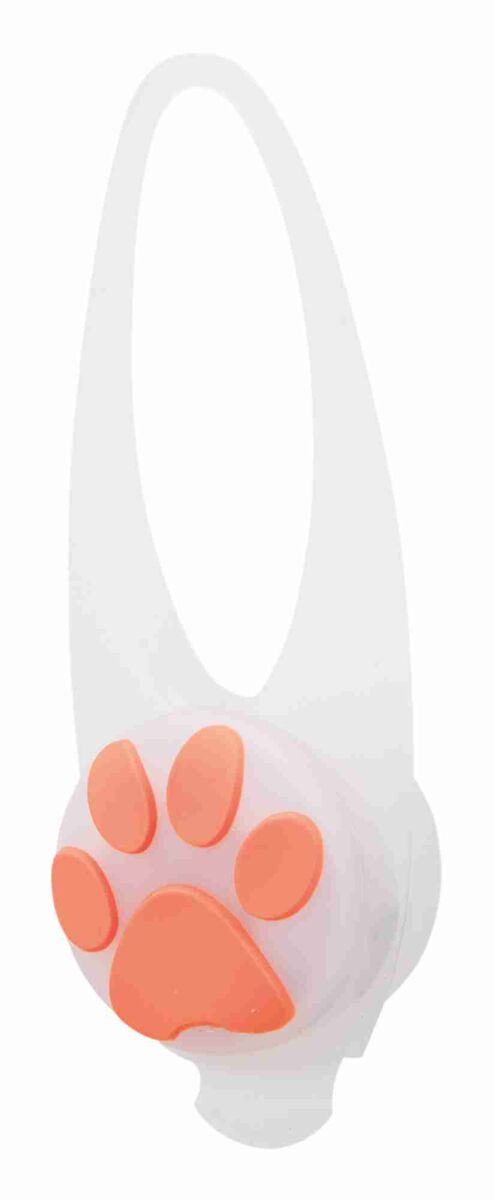 Weiße flexible Schlaufe mit rundem orangem Pfotenabdruck-Design in der Mitte des Objekts.