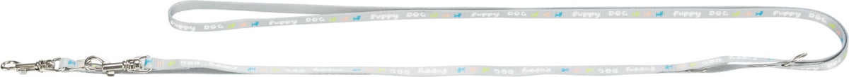 Graues Hundehalsband mit Metallklammern und buntem Schriftzug "DOG" und "Puppy".