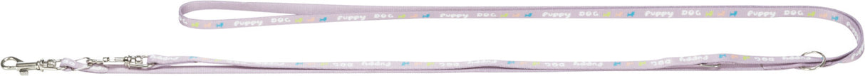 Lila Hundeleine mit Aufschrift "Puppy Dog" und bunten Hundemotiven, Metallschließe und Schlaufe am Ende.