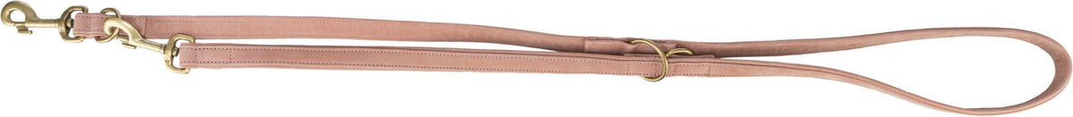 Hundeleine aus rosa Leder mit zwei goldfarbenen Karabinerhaken und mehreren Metallringen.