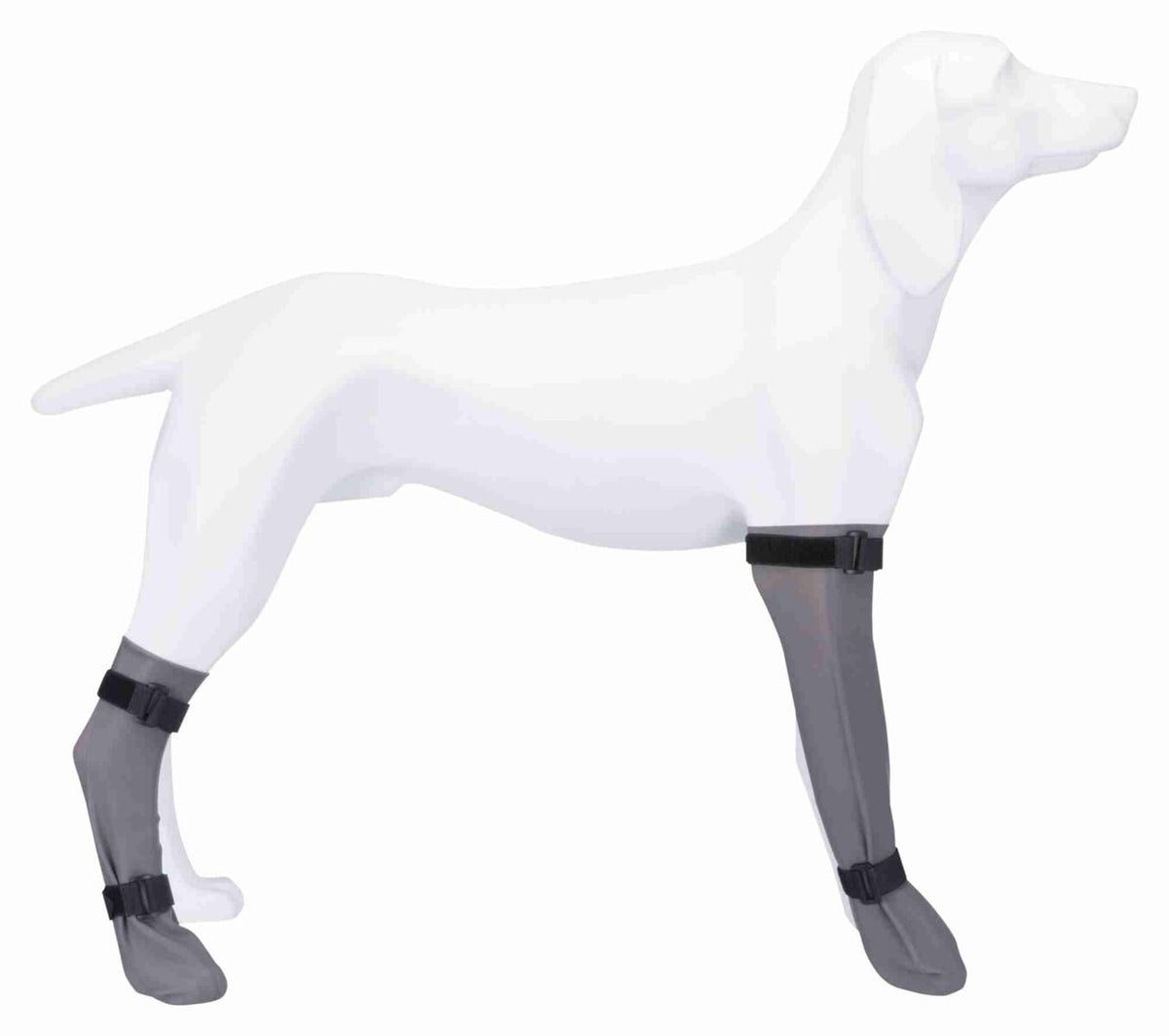 Ein weißes Hundemodell trägt graue, kniehohe Hundeschuhe mit schwarzen verstellbaren Riemen an den Vorderbeinen.