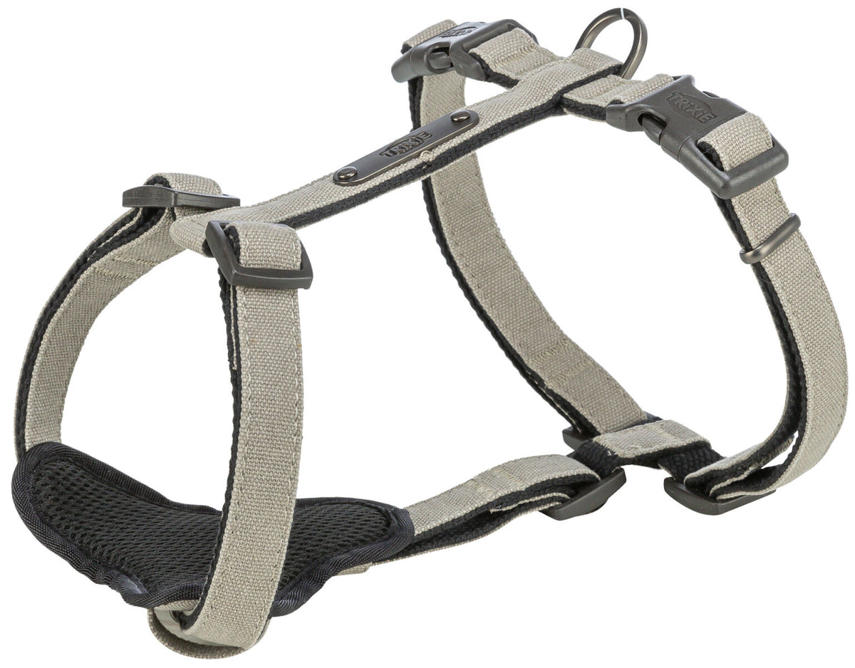 Grau-schwarzes Hundegeschirr mit verstellbaren Gurten, Klickverschlüssen und einem D-Ring auf der Oberseite.