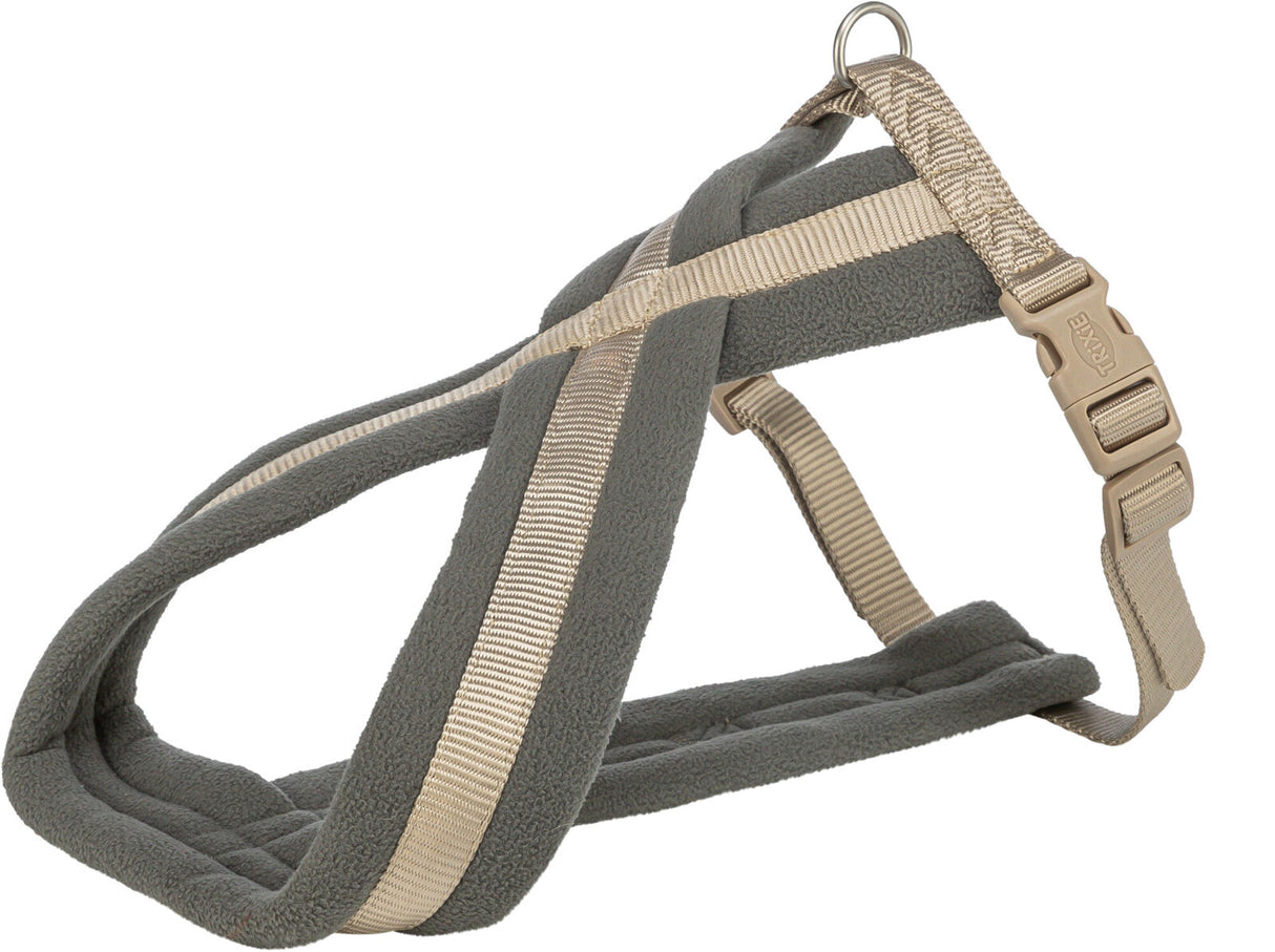 Grau-beige Hundegeschirr mit weicher Polsterung und Schnellverschluss.