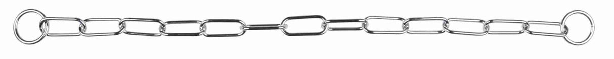 Eine silberne Metallkette mit ovalen Gliedern und zwei runden Ringen an den Enden.