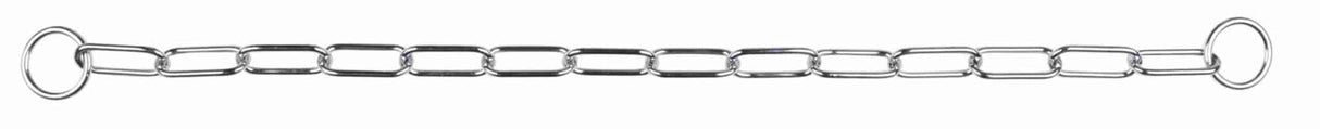 Metallene Gliederkette mit rechteckigen Gliedern und runden Enden in silberner Farbe.