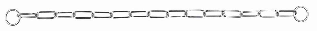 Silberne Metallkette mit rechteckigen Gliedern und einem runden Ring an jedem Ende.