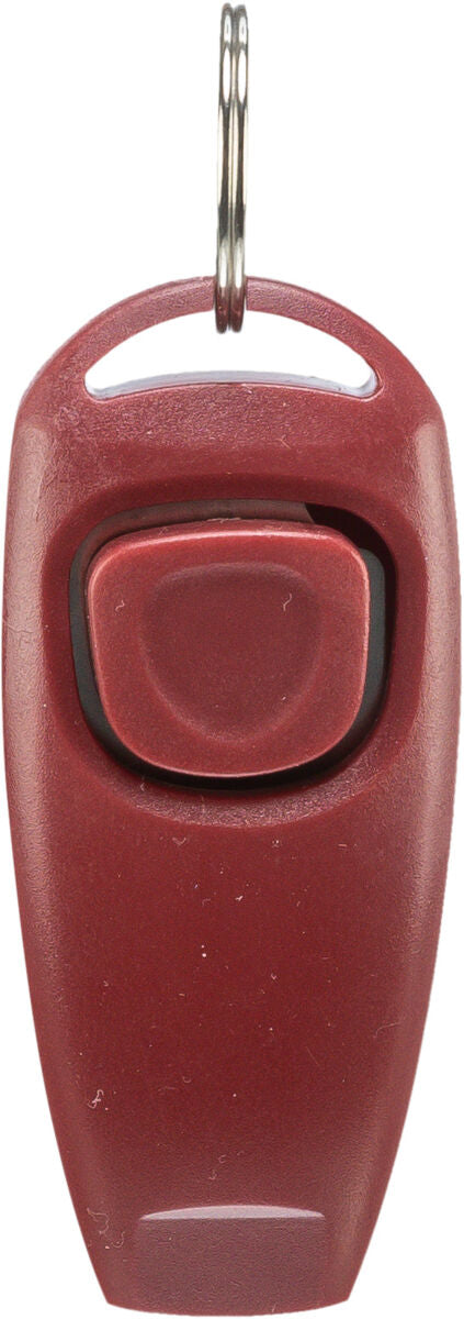 Roter Handklicker mit Metallring, ovaler Form und einem großen zentralen Knopf.