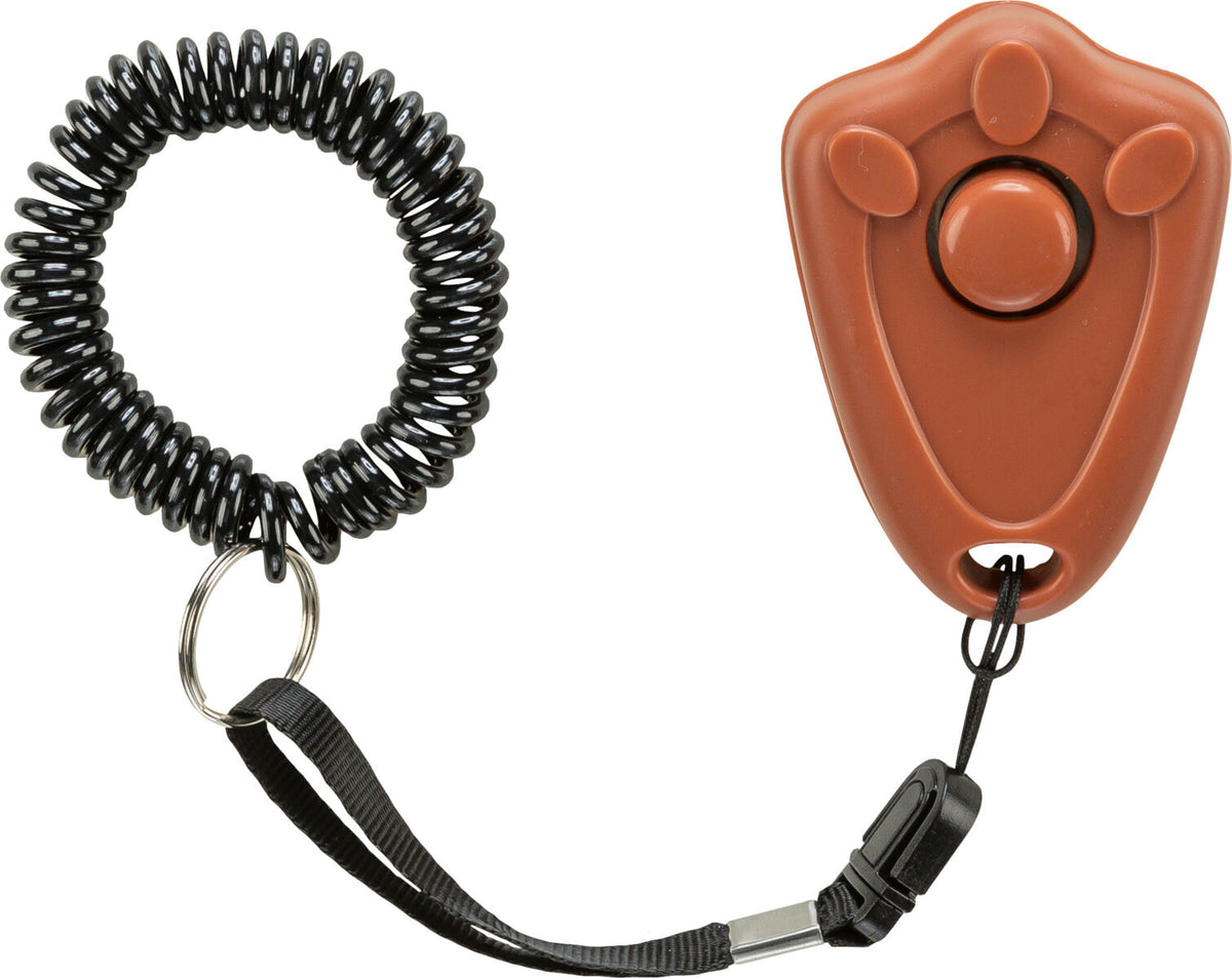 Brauner Klicker mit schwarzem Spiralkabel und Clip.